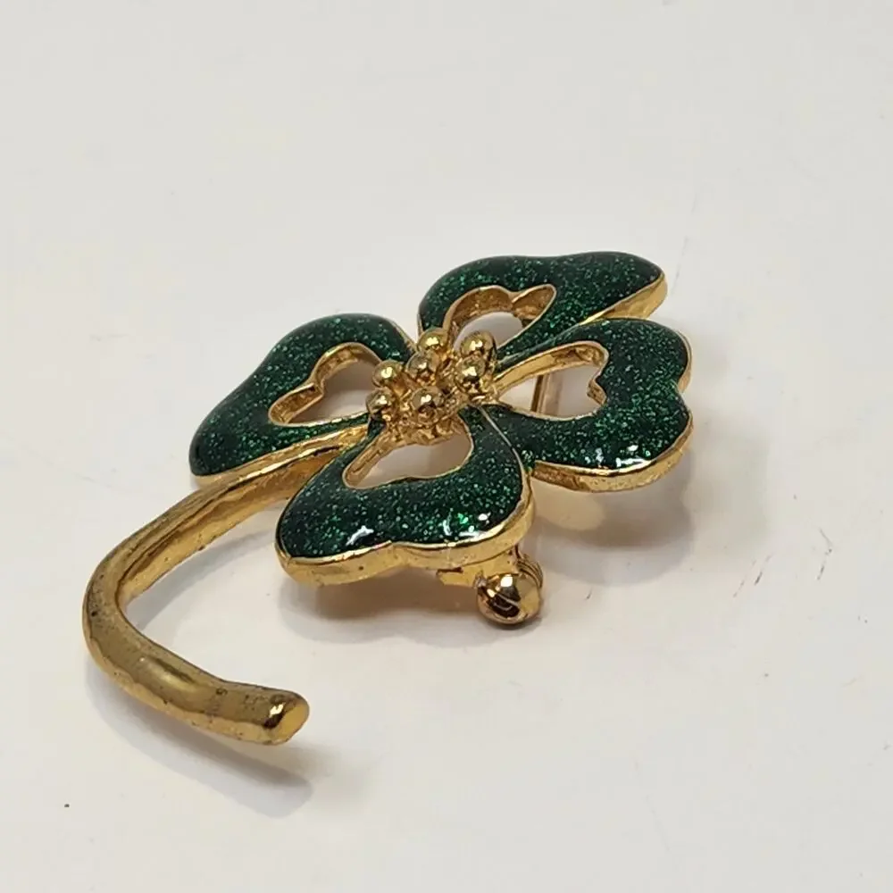 Four Leaf Clover Green Sparkle Enamel Brooch Pin Lucky St Patricks Day Shamrock